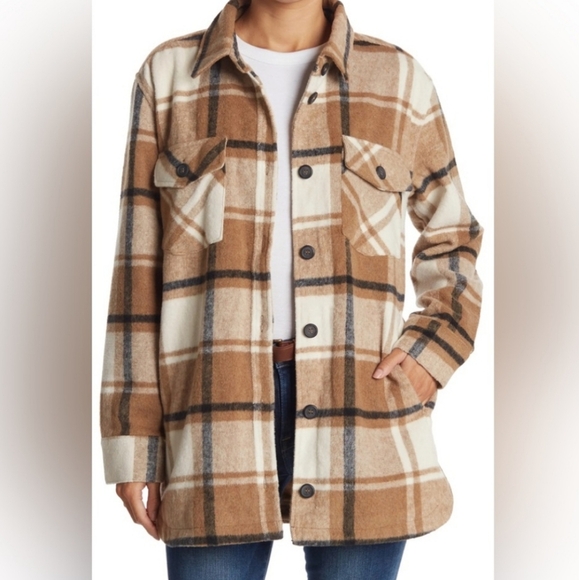 Thread & Supply Plaid Flannel Shacket Small Tan - Picture 1 of 7